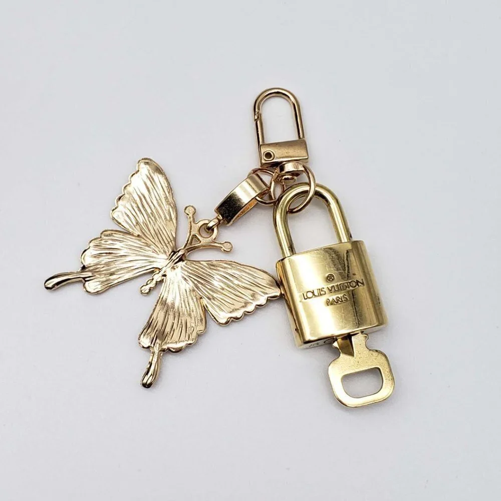 LV Authentic Gold Lock & Key 🔑 Luxury Bag Charm w/ Unbranded Butterfly Keychain